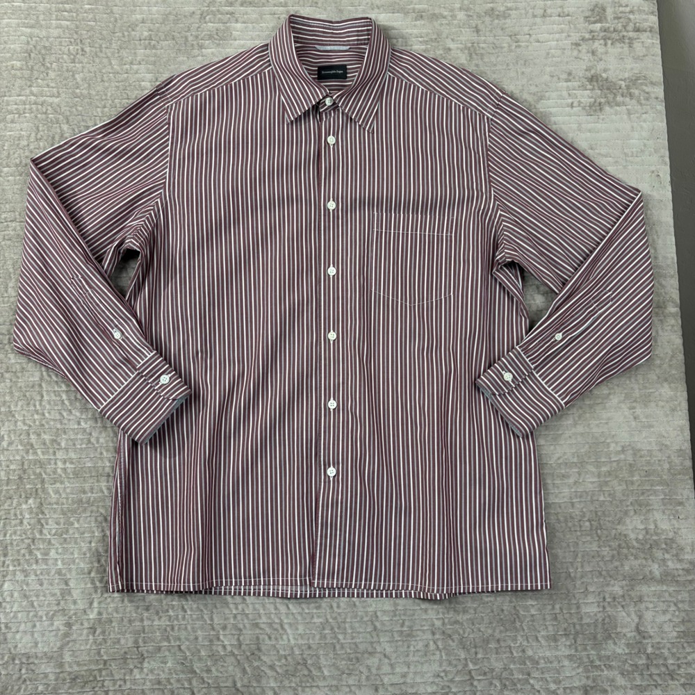 Ermenegildo Zegna Mens XL Burgundy White Striped Cotton Long Sleeve Button Shirt